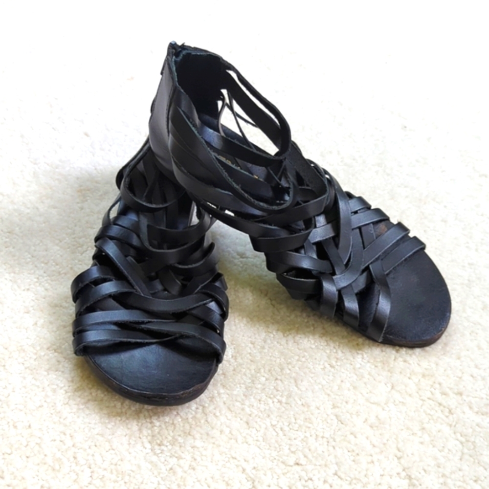 Black Leather Cage Gladiator Sandals, Size 6